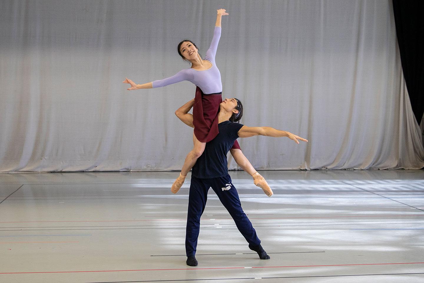 ayami Miyata and Kevin Poeung rehearsing Geisha. Photo Lauren Godfrey.