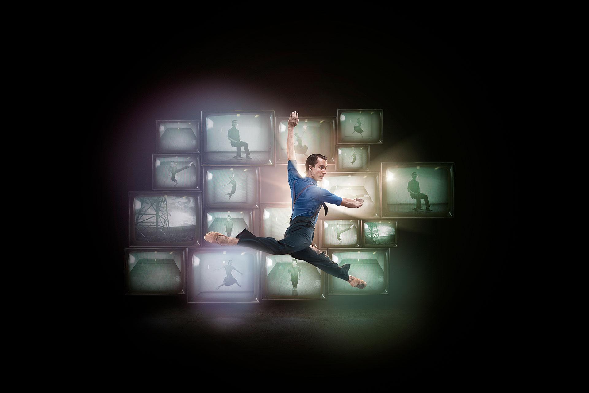 Poster photo for 1984 with Tobias Batley leaping in front of countless vintage televisions.