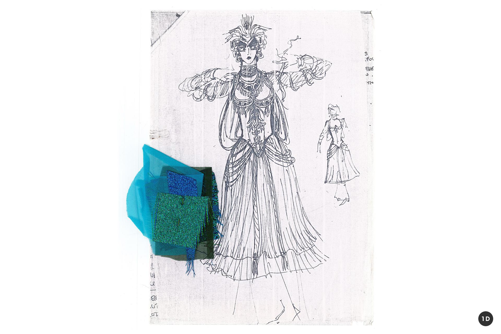 A costume sketch of a women's ballet outfit