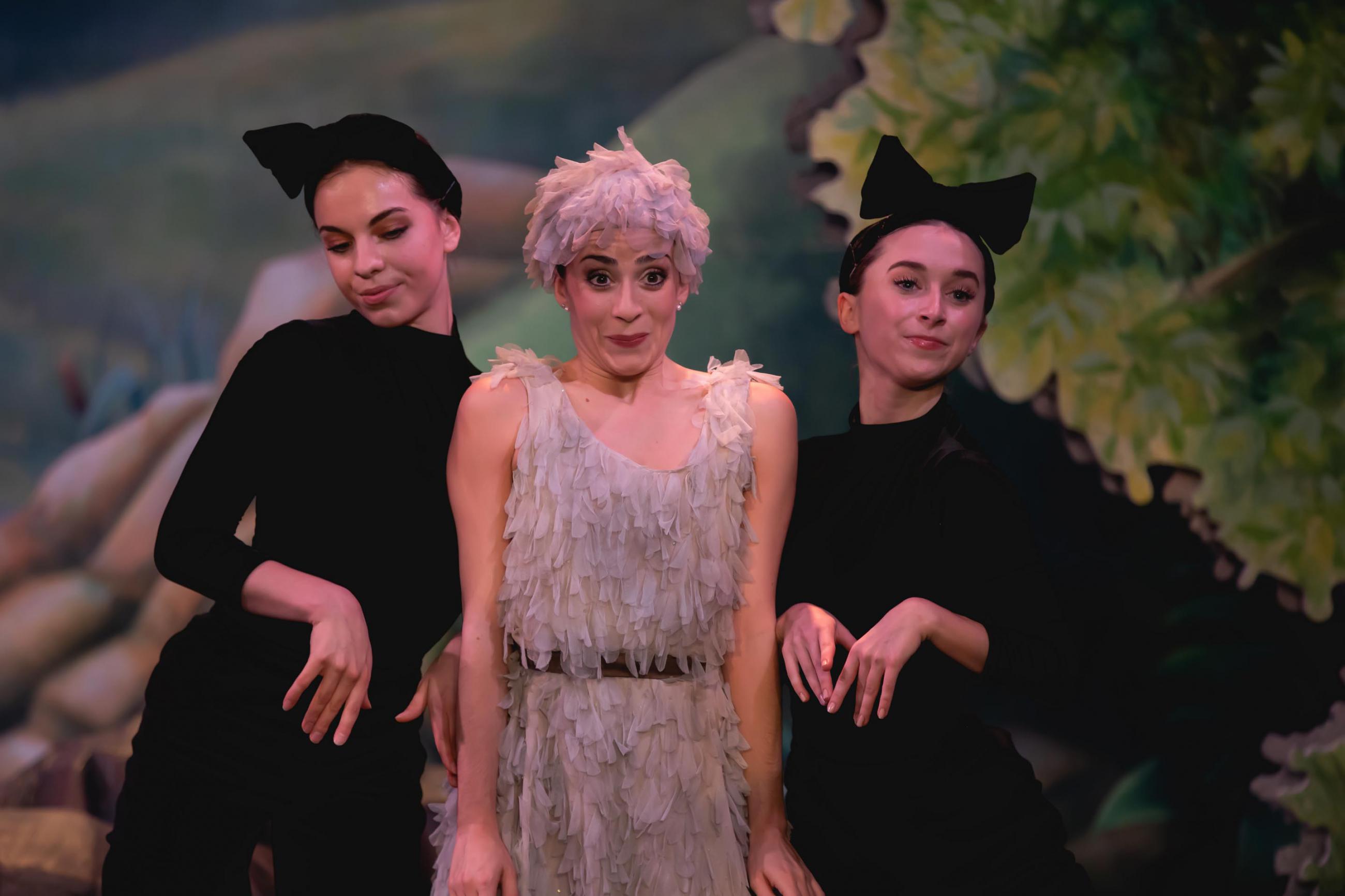 Three female dancers in two cat costumes and a duckling