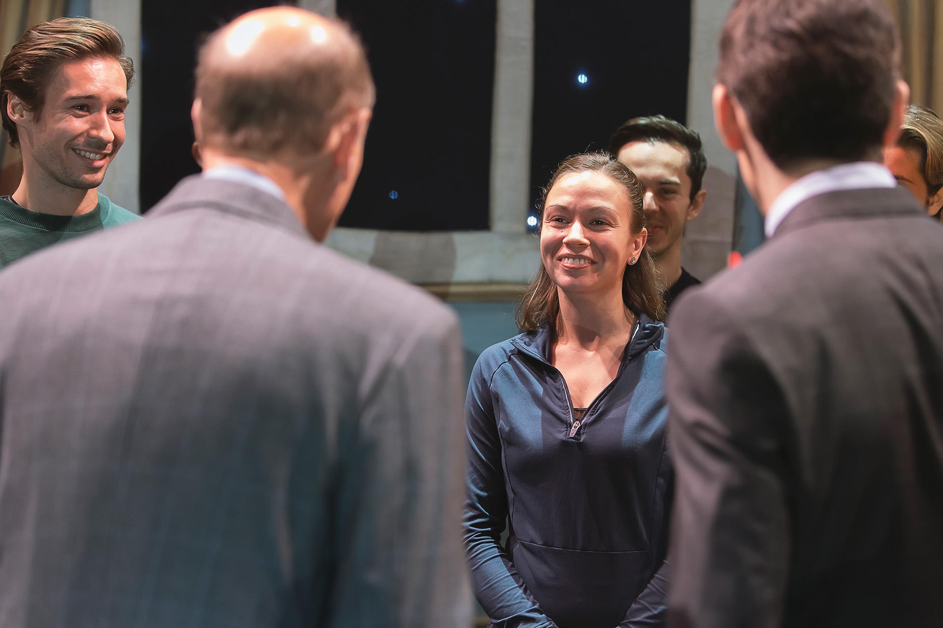 HRH Prince Edward meeting Abigail Prudames on stage at Woking New Victoria Theatre.