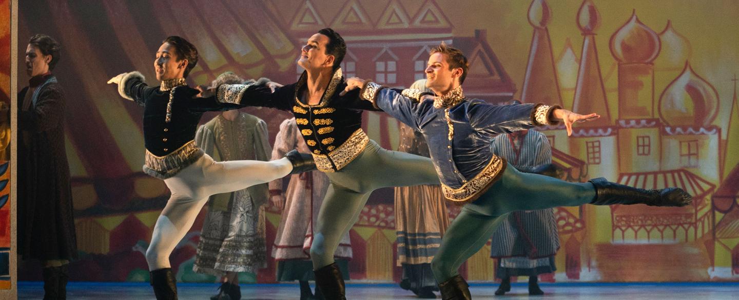 Dancers Riku Ito, Javier Torres and Nicola Gervasi in Cinderella. Photo Emma Kauldhar