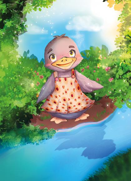 A happy, illustrated duck sitting by a riverbank.