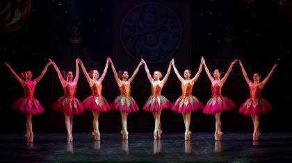 Nortehrn Ballet dancers line up perfectly as flowers in The Nutcracker.
