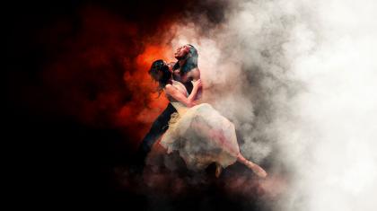 The poster image for Dracula with Mlindi Kulashe as the title character and Minju Kang holding on to him. Photo Guy Farrow